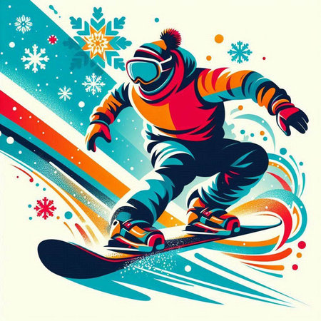 Snowboarder on colorful background with snowflakes. Vector illustration.のイラスト素材
