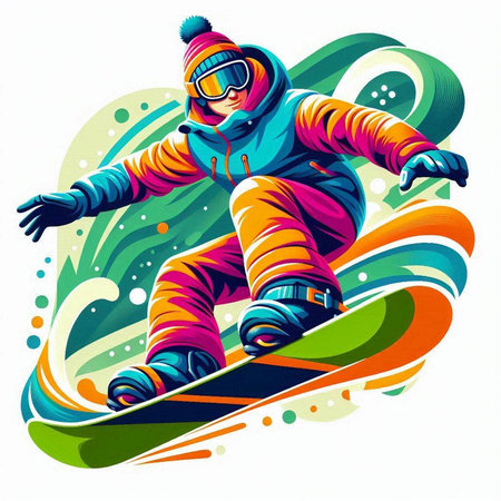 Vector illustration of snowboarder in colorful sportswear jumping.のイラスト素材