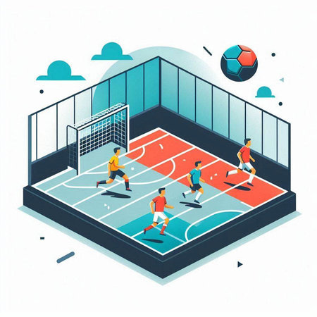 Soccer football field with players and goal. Flat isometric vector illustration.のイラスト素材