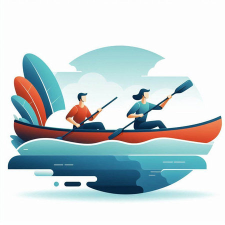 Two men paddling in a canoe on the river. Vector illustration.のイラスト素材