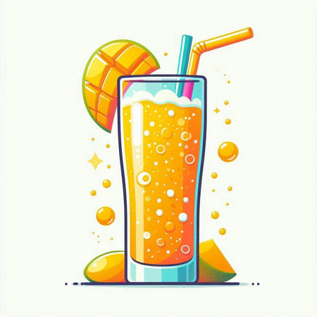 Mango cocktail with ice cubes and straw on white background. Vector illustration.のイラスト素材