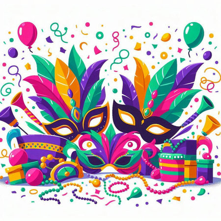Mardi Gras background with masks and party items. Vector illustration.のイラスト素材