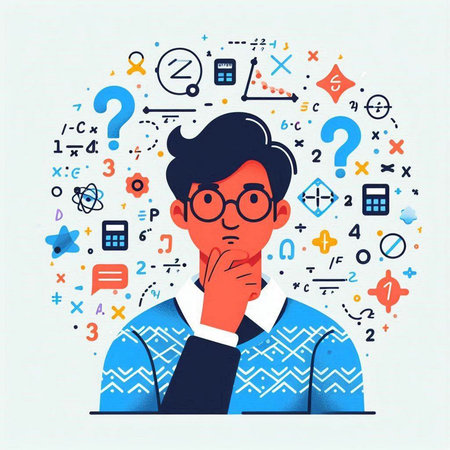 Thoughtful man with question mark and icons. Vector illustration.のイラスト素材