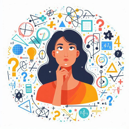 Thoughtful young woman with question marks around her head. Vector illustration.のイラスト素材