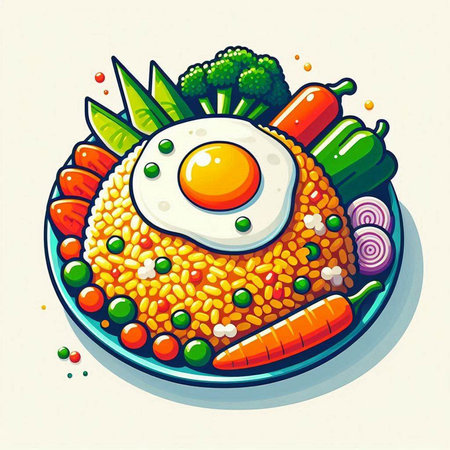 Illustration of a bowl of rice with fried egg and vegetables.のイラスト素材