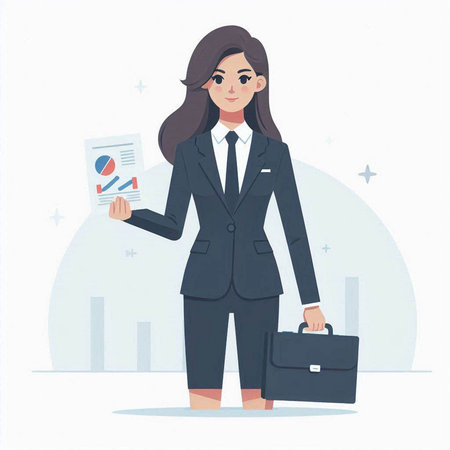 Business woman with briefcase and documents. Vector illustration in flat styleのイラスト素材