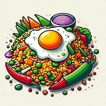 Fried egg with vegetables. Vector illustration of a vegetarian meal.のイラスト素材