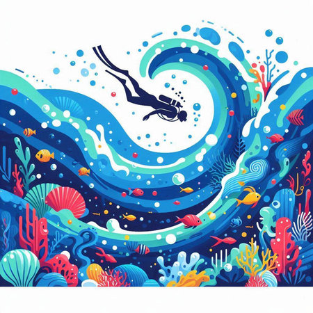 Underwater background with a diver and a coral reef. Vector illustration.のイラスト素材