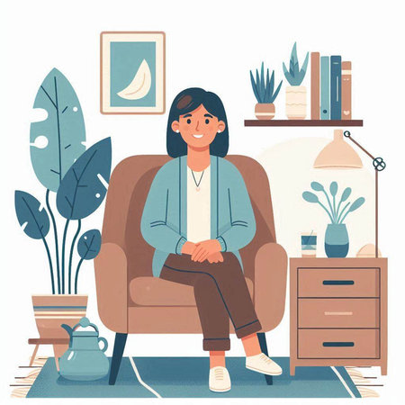 Woman sitting in armchair and relaxing at home. Vector flat illustrationのイラスト素材