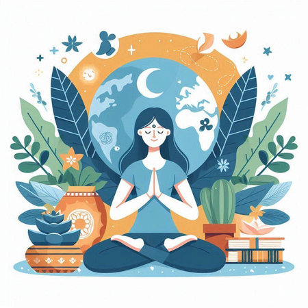 Woman meditating in a lotus position on the background of the globe. Vector illustration.のイラスト素材