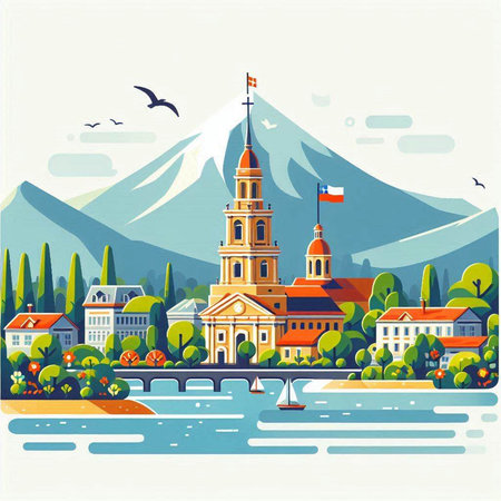 Mt. Fuji and lake, Japan. Travel vector illustration.のイラスト素材