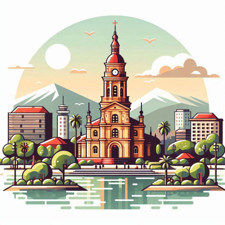 Church in the center of the city. Vector illustration in retro style.のイラスト素材