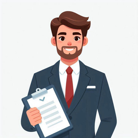 Businessman holding clipboard with checklist. Vector illustration in cartoon style.のイラスト素材