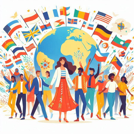 Happy people with flags of different countries around the globe. Vector illustration.のイラスト素材