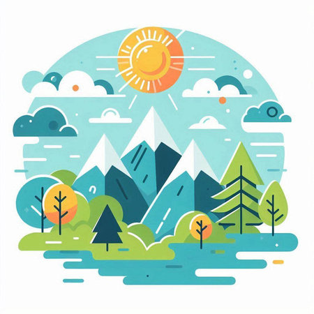 Landscape with mountains and forest. Vector illustration in flat style.のイラスト素材