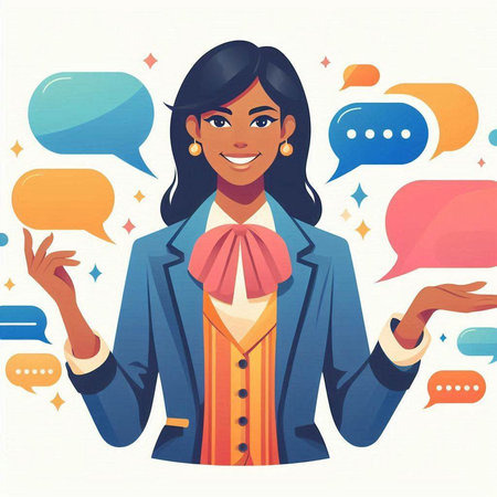 Business woman with speech bubbles. Vector illustration in flat cartoon style.のイラスト素材