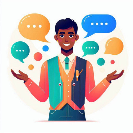 Young man with speech bubbles. Vector illustration in flat cartoon style.のイラスト素材