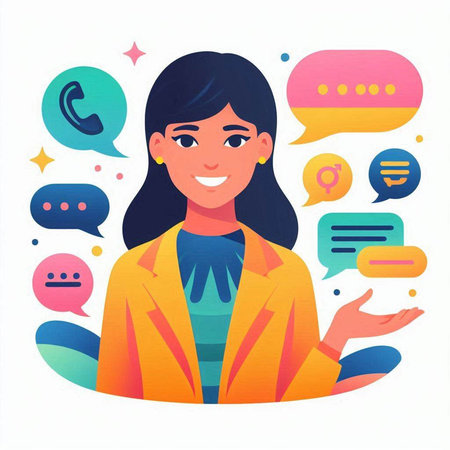 Woman talking on phone with speech bubble. Vector illustration in flat styleのイラスト素材