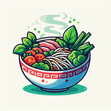 Bowl of noodle soup with pork and vegetables. Vector illustration.のイラスト素材
