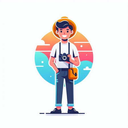 Male photographer with camera. Vector illustration in a flat cartoon style.のイラスト素材