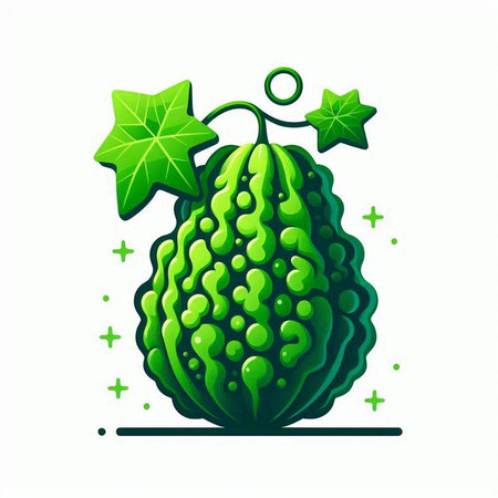 Bitter melon with green leaves on white background. Vector illustration.のイラスト素材
