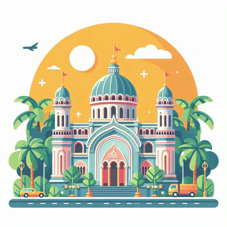 Vector illustration of mosque on the background of the sun and palm treesのイラスト素材