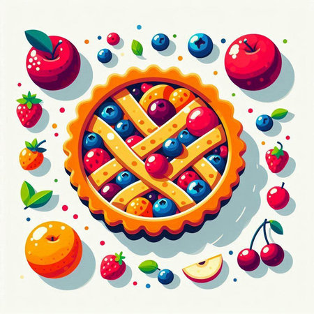 Vector illustration of a pie with berries, apples and cherries.のイラスト素材