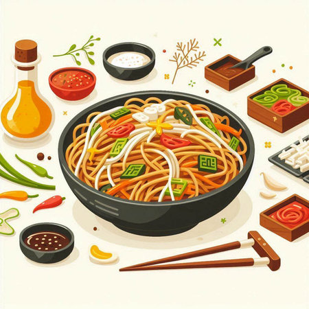 Illustration of a japanese noodle with vegetables and sauceのイラスト素材