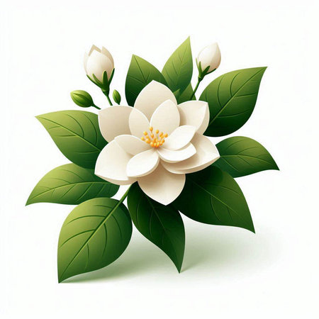 Jasmine flower with leaves isolated on white background. Vector illustration.のイラスト素材