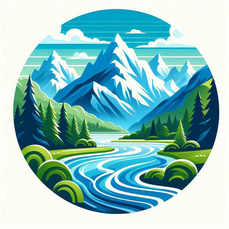 Mountain landscape with river and forest in round shape, vector illustrationのイラスト素材