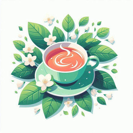 Cup of tea with jasmine flowers and leaves. Vector illustration.のイラスト素材