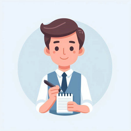 Businessman holding a notepad. Vector illustration in a flat style.のイラスト素材