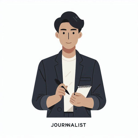 Illustration of a young man holding a notebook and a pen.のイラスト素材
