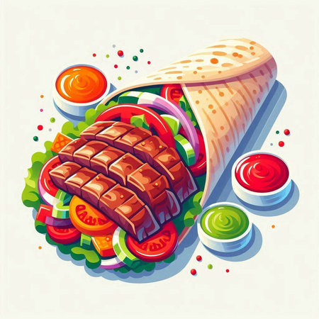 Illustration of kebab sandwich with vegetables, sauce and tortillaのイラスト素材