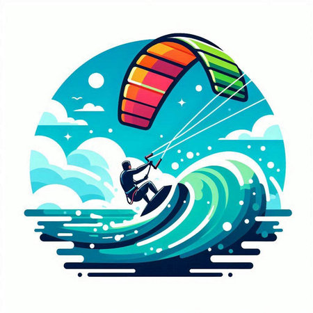 Kitesurfer surfing on the waves. Vector illustration in flat styleのイラスト素材