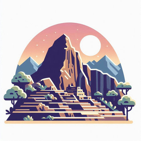 Mountain landscape with pyramids and sun. Hand drawn vector illustration.のイラスト素材