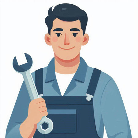 Vector illustration of a man in work overalls holding a wrench.のイラスト素材