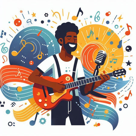 Vector illustration of afro american jazz musician playing guitar and singing on colorful background.のイラスト素材