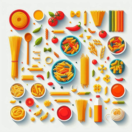 Different types and shapes of pasta. Vector illustration in flat style.のイラスト素材