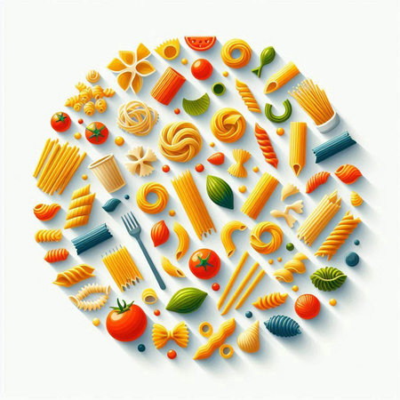 Colorful pasta background with various types of pasta. Vector illustration.のイラスト素材