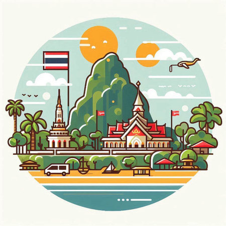 Thailand travel vector illustration. Landmarks of Thailand in flat style.のイラスト素材