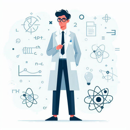 Scientist man in white coat and eyeglasses standing near molecule structure. Vector flat illustrationのイラスト素材