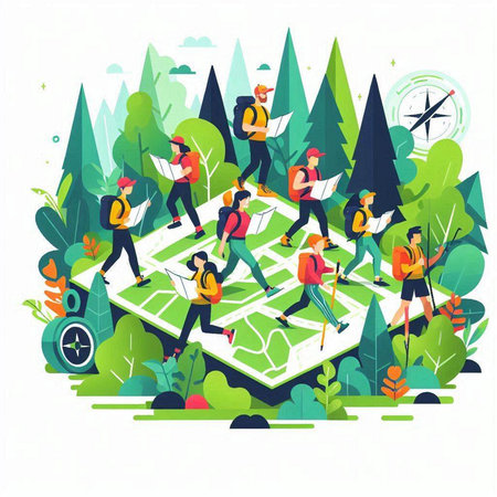 Tourists with map on the background of the forest. Vector illustrationのイラスト素材