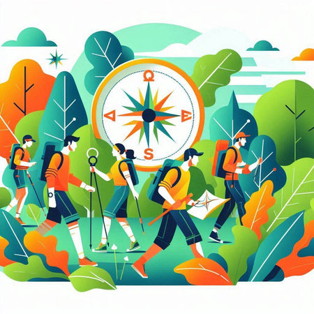 Tourists with map and compass walking in the park. Vector illustrationのイラスト素材
