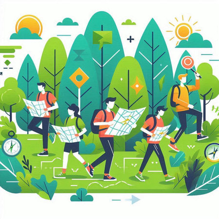 Travelers with map and backpack walking in forest. Vector illustration.のイラスト素材