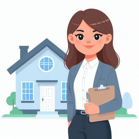 Real estate agent woman with clipboard and house. Vector illustration in cartoon style.のイラスト素材