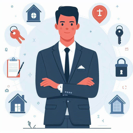 Real estate agent. Young man in a suit. Vector illustration.のイラスト素材