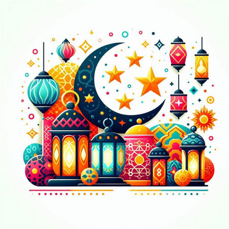 Ramadan Kareem Greeting Card with Islamic Lanterns and Crescent Moon. Vector illustrationのイラスト素材