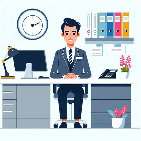 Businessman sitting at desk in office. Vector illustration in cartoon styleのイラスト素材