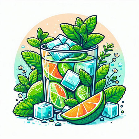 Cocktail with lime, mint and ice cubes. Vector illustration.のイラスト素材